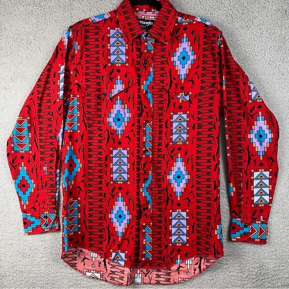 Wrangler Shirt Mens 15.5x33 Red Vintage Cowboy Cut Aztec Regular Fit X-Long Tail